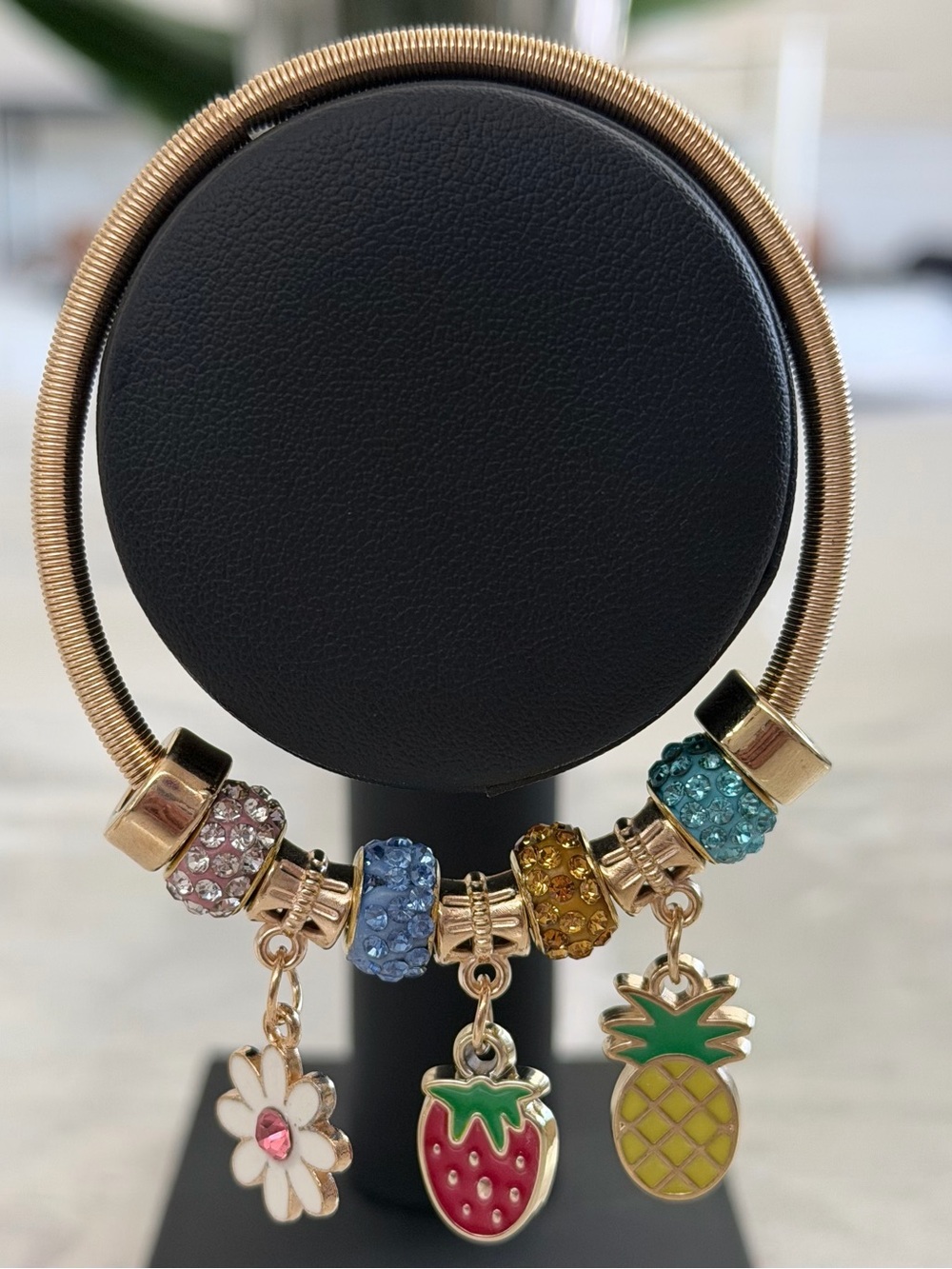 Gold Charm Bracelet with Colorful Beads and Fruit Dangles